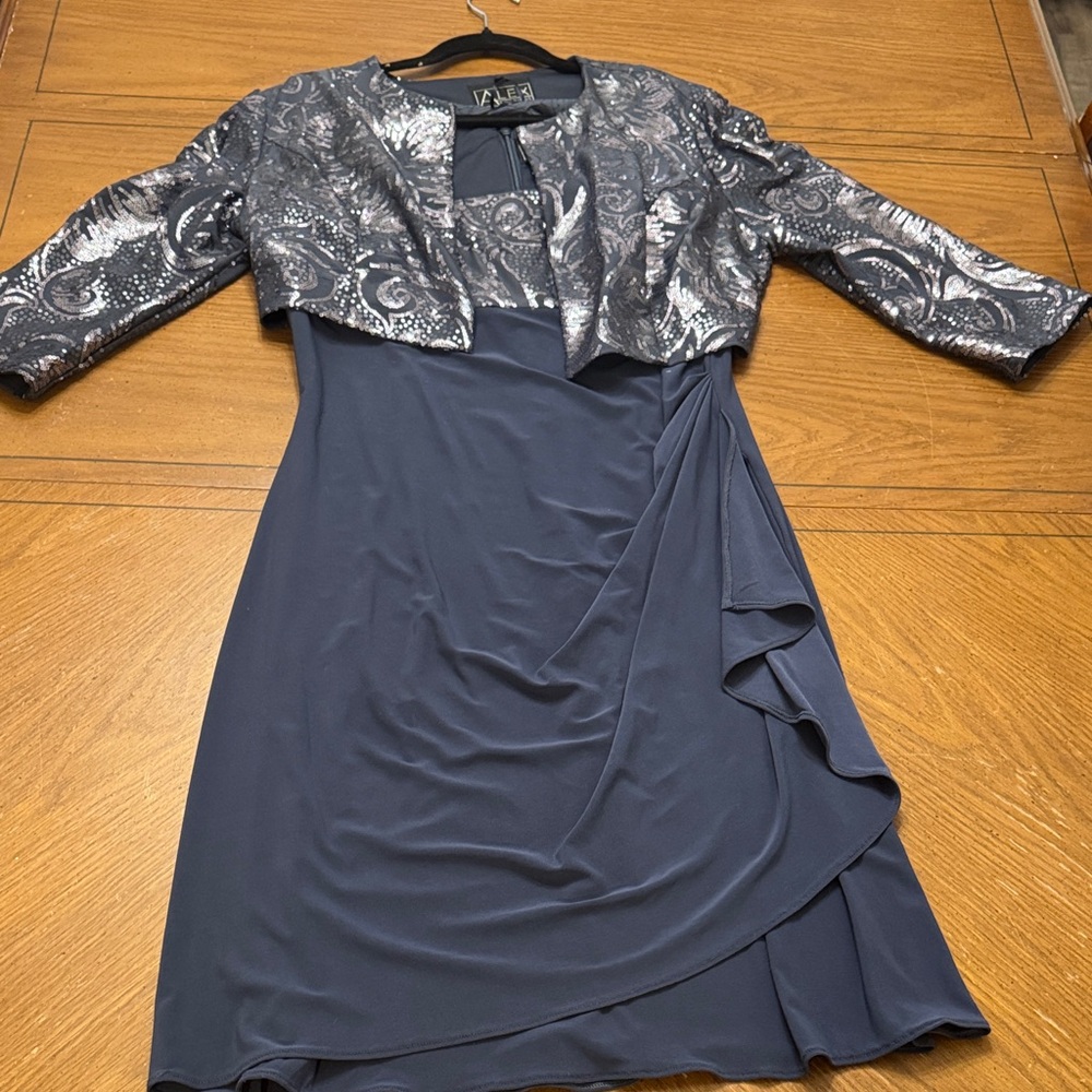 Alex Evenings Silver Sequined Steel Blue Faux Wrap Ruched Dress Jacket Set sz 14